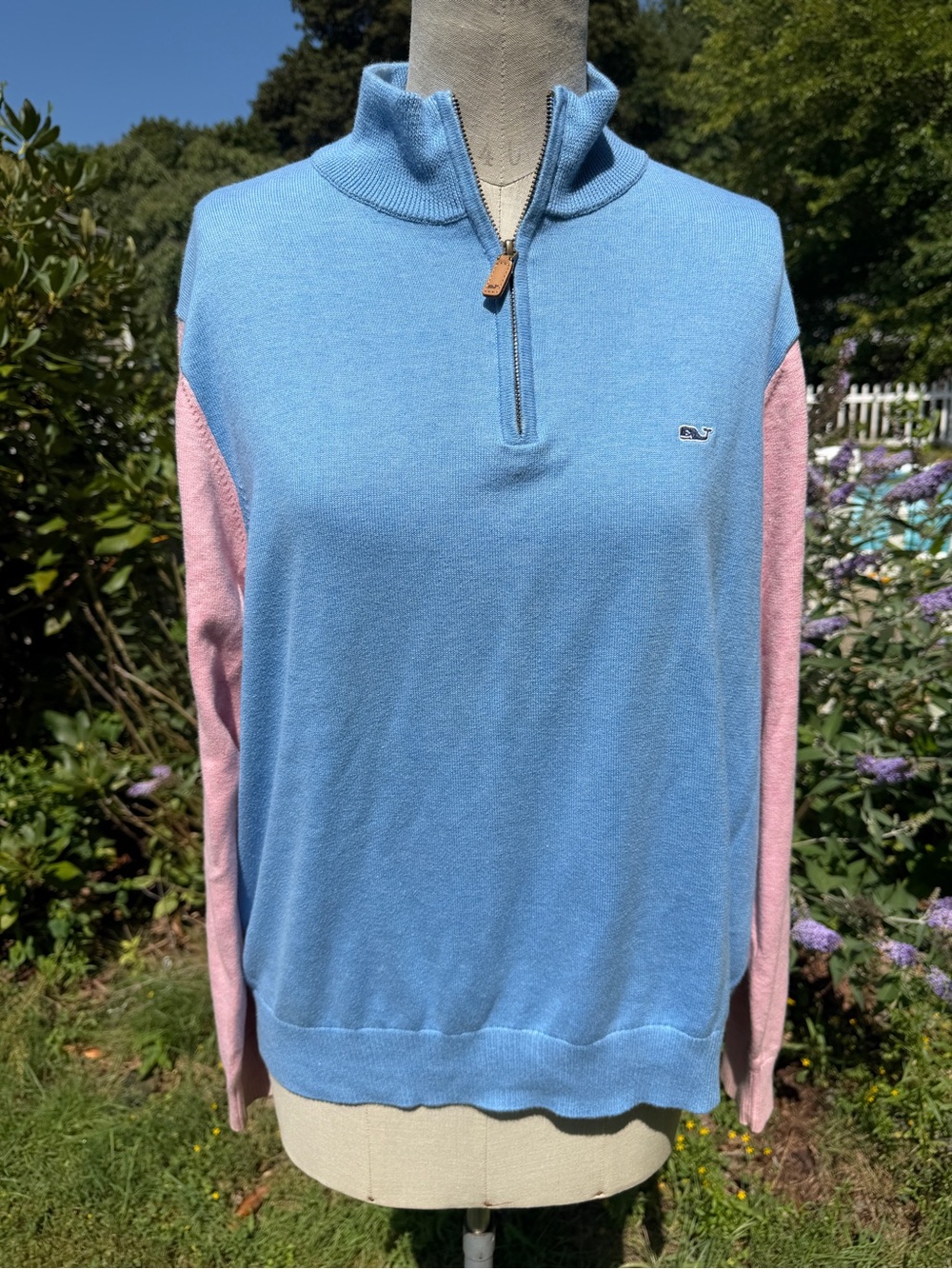 Vineyard Vines Blue Half-Zip Sweater with Pink Sleeves